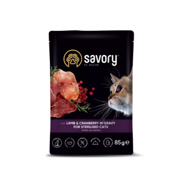 Влажный корм Savory Чехия для стерилизованных кошек и кошек с ягненком и клюквой в соусе