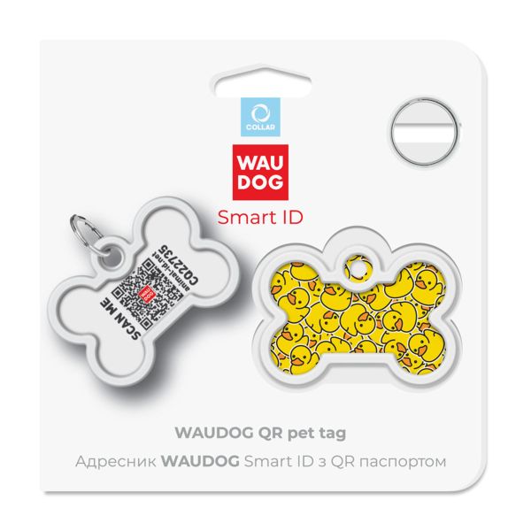 WAUDOG Украина Адресник для собак и кошек металлический Smart ID с QR паспортом, рисунок "Утки", кость