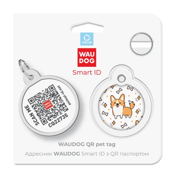 WAUDOG Украина Адресник для собак и кошек металлический Smart ID с QR паспортом, рисунок "Корги", круг