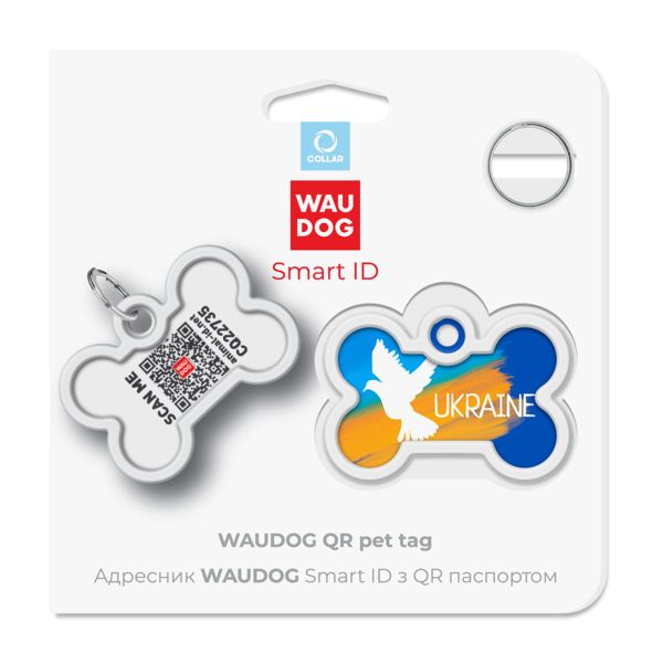 WAUDOG Украина Адресник для собак и кошек металлический Smart ID с QR паспортом, рисунок "Знамя", кость