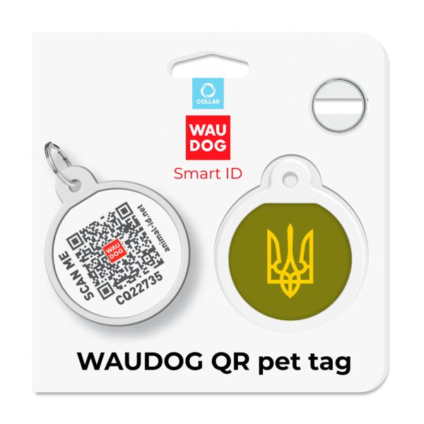 WAUDOG Украина Адресник для собак и кошек металлический Smart ID с QR паспортом, рисунок "Тризуб олива", круг