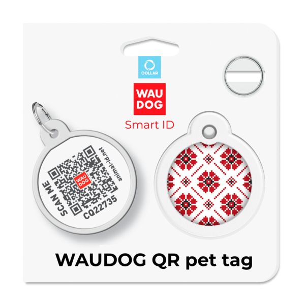 WAUDOG Украина Адресник для собак и кошек металлический Smart ID с QR паспортом, рисунок "Вышиванка", круг
