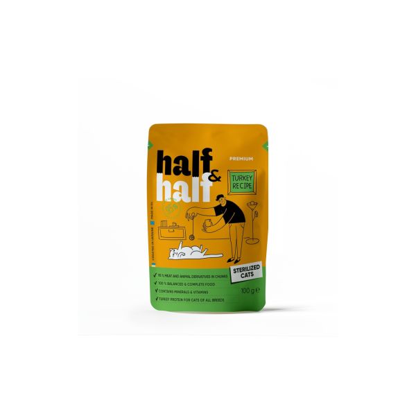 Вологий корм Half&Half Польща для стерилізованих котів шматочки з індичкою у желе