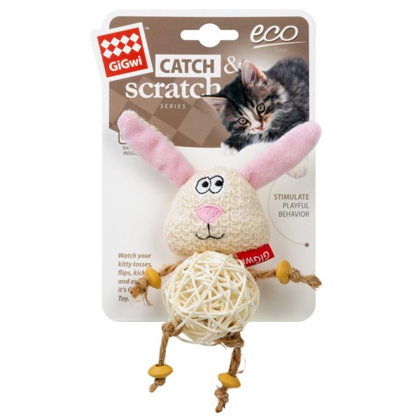 GiGwi Китай Игрушка для кошек Зайчик с плетеным мячиком и колокольчиком Catch&scratch, полиэстер