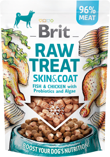 Лакомство Care Brit Raw Treat Skin and Coat Freeze-dried для взрослых собак с эффектом улучшения состояния кожи и шерсти со вкусом рыбы и курицы
