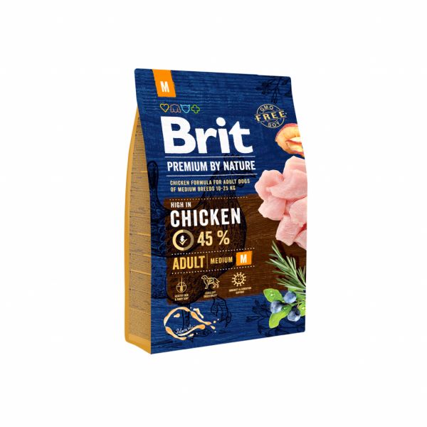 Сухой корм Premium Brit Adult M для взрослых собак средних пород весом 10-25 кг с курицей