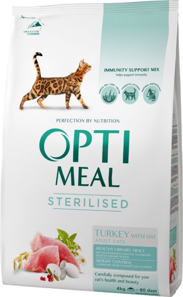 Сухой корм Optimeal Cat Adult Sterilised для стерилизованных кошек с индейкой и овсом