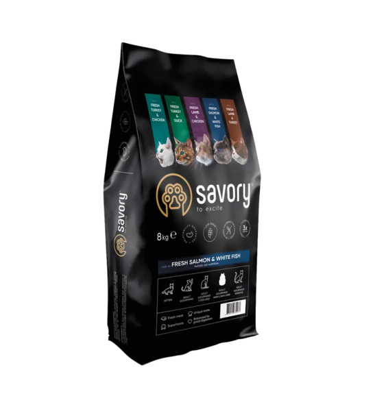 Сухой корм Savory Чехия для длинношерстных кошек со свежим лососем и белой рыбой