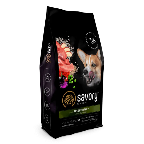 Сухой корм Savory Чехия для стерилизованных собак всех пород со свежей индейкой