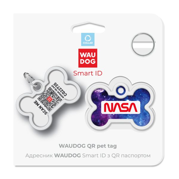 WAUDOG Украина Адресник для собак и кошек металлический Smart ID с QR паспортом, рисунок "NASA21", кость