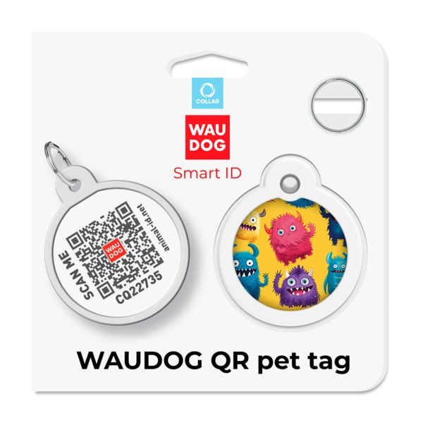 WAUDOG Украина Адресник для собак и кошек металлический Smart ID с QR паспортом, рисунок "Мохнатые монстры", круг
