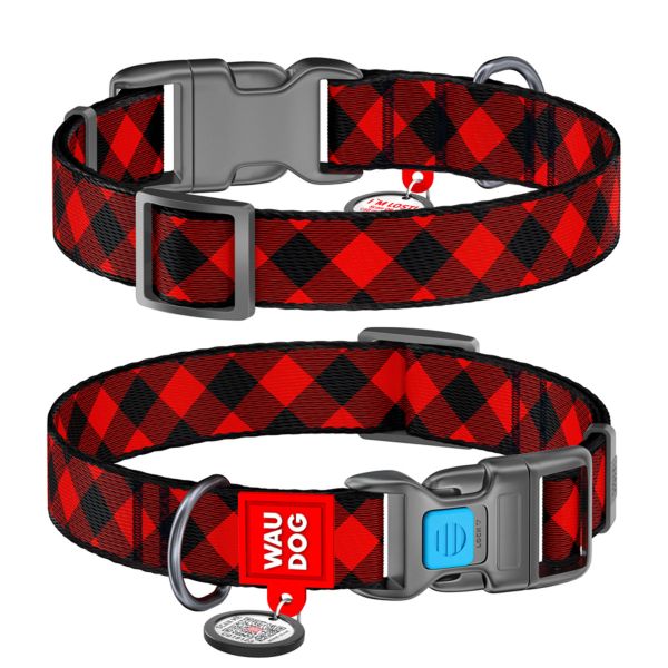 WAUDOG Украина Ошейник для собак нейлоновый Nylon с QR паспортом, рисунок "Шотландка красная", пластиковый фастекс