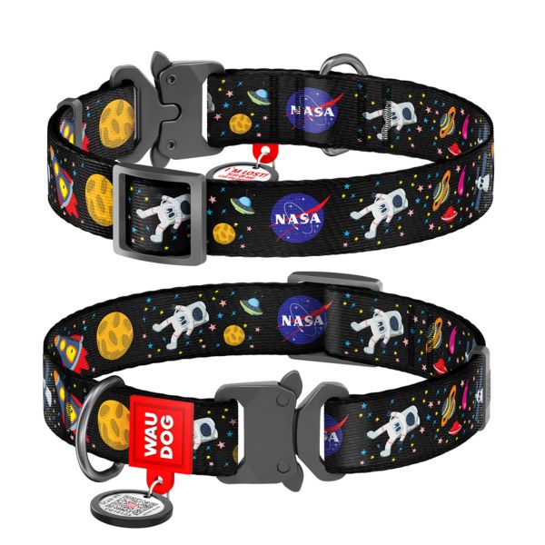 WAUDOG Україна Нашийник для собак нейлоновий Nylon з QR паспортом, малюнок "NASA", металічна пряжка-фастекс