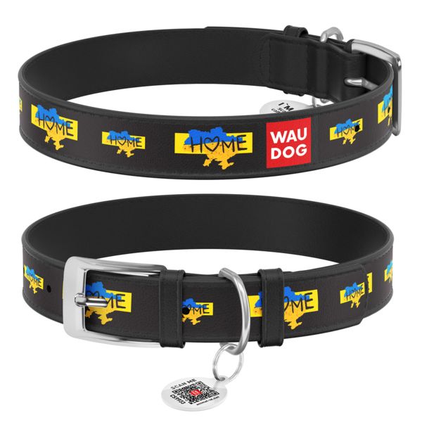 WAUDOG Украина Ошейник для собак кожаный Design с QR паспортом, рисунок "Дом", черный