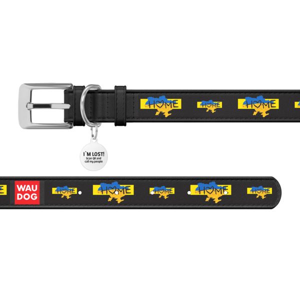 WAUDOG Украина Ошейник для собак кожаный Design с QR паспортом, рисунок "Дом", черный
