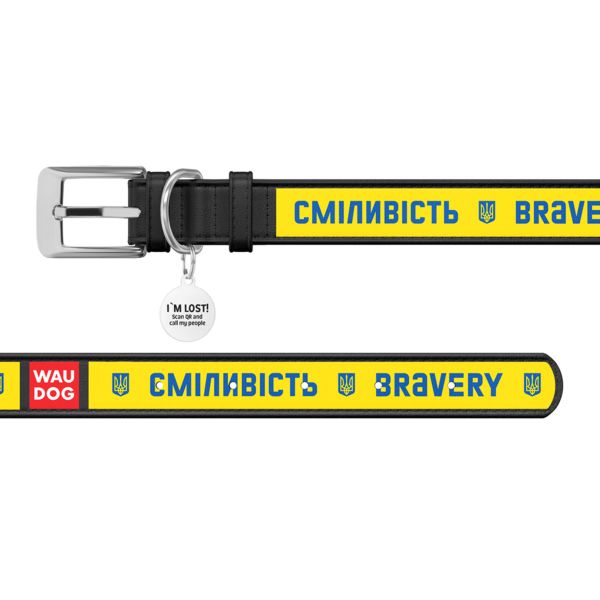 WAUDOG Украина Ошейник для собак кожаный Design с QR паспортом, рисунок "Смелость", черный