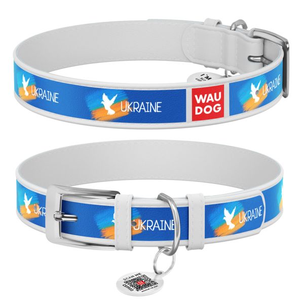 WAUDOG Украина Ошейник для собак кожаный Design с QR паспортом, рисунок "Знамя", белый