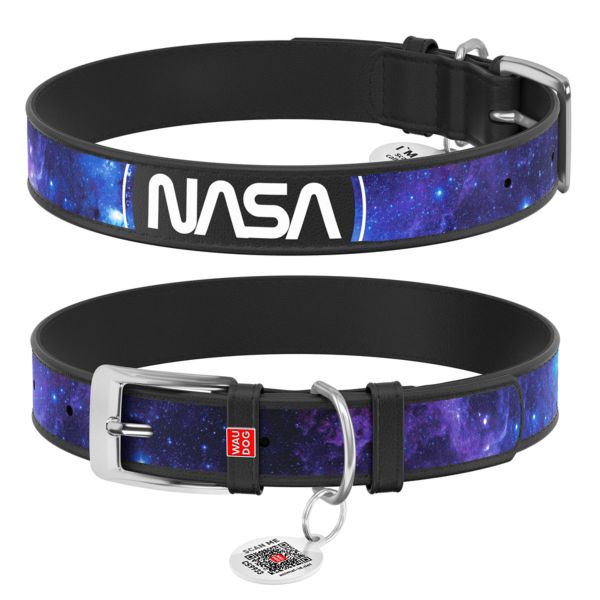 WAUDOG Україна Нашийник для собак шкіряний Design з QR паспортом, малюнок "NASA21", чорний