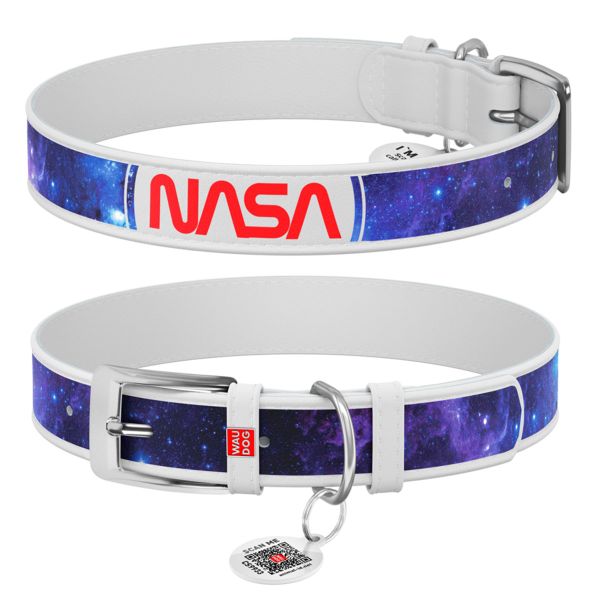 WAUDOG Украина Ошейник для собак кожаный Design с QR паспортом, рисунок "NASA21", белый