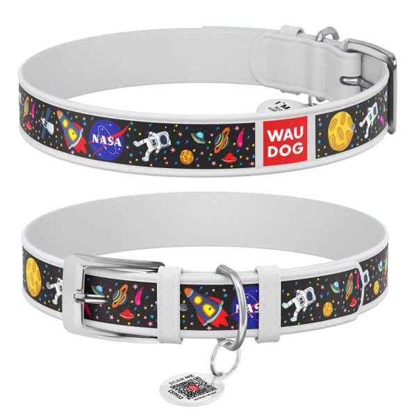WAUDOG Україна Нашийник для собак шкіряний Design з QR паспортом, малюнок "NASA", білий