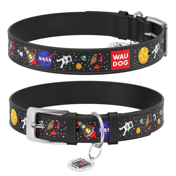 WAUDOG Україна Нашийник для собак шкіряний Design з QR паспортом, малюнок "NASA", чорний