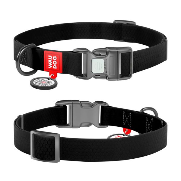 WAUDOG Україна Нашийник для собак водостійкий Waterproof c QR паспортом, пластикова пряжка-фастекс, чорний