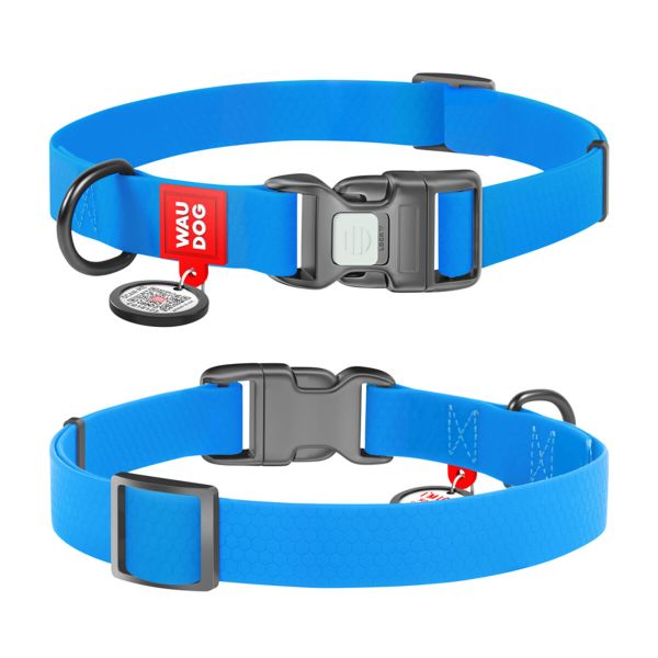 WAUDOG Україна Нашийник для собак водостійкий Waterproof c QR паспортом, пластикова пряжка-фастекс, блакитний