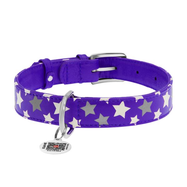 WAUDOG Украина Ошейник для собак кожаный Glamour с QR паспортом, узор "Звездочка", светонакопительный/светоотражающий, фиолетовый