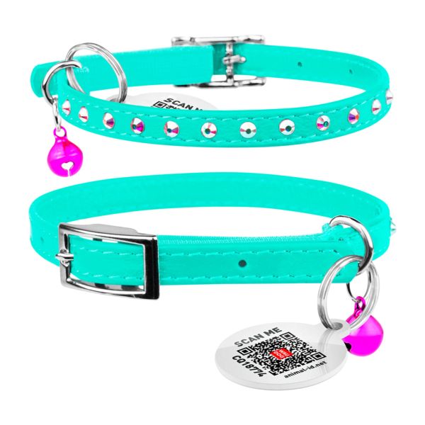 WAUDOG Украина Ошейник Glamour с резинкой, клеевыми стразами, для кошек, ментоловый