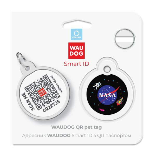 WAUDOG Украина Адресник для собак и кошек металлический Smart ID с QR паспортом, рисунок "NASA", круг