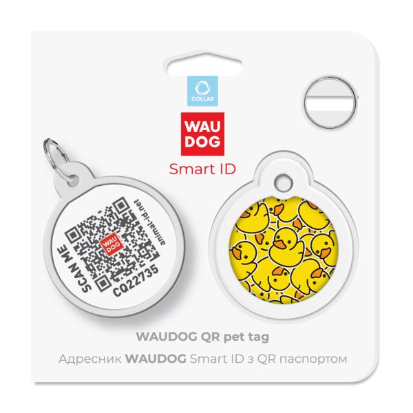 WAUDOG Украина Адресник для собак и кошек металлический Smart ID с QR паспортом, рисунок "Утки", круг