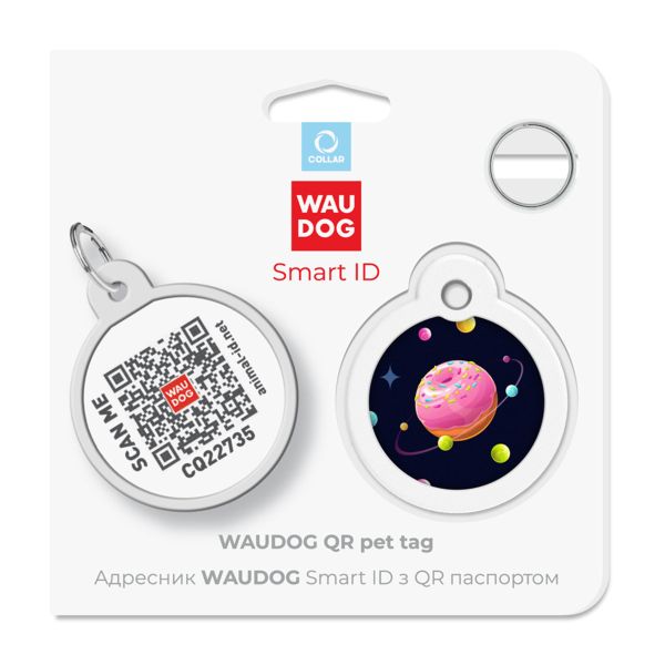 WAUDOG Украина Адресник для собак и кошек металлический Smart ID с QR паспортом, рисунок "Вселенная пончиков", круг
