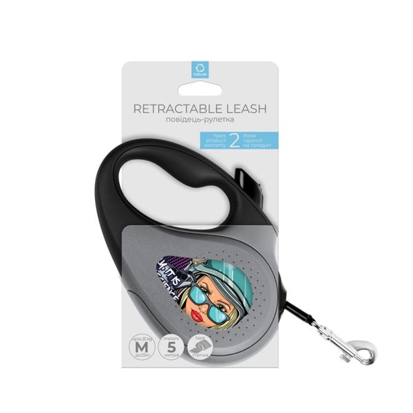 WAUDOG Украина Поводок-рулетка для собак R-leash, рисунок "Ракетостроение", светоотражающая лента, черный