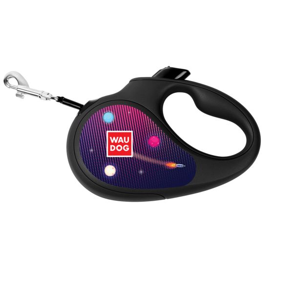 WAUDOG Украина Поводок-рулетка для собак R-leash, рисунок "Ракетостроение", светоотражающая лента, черный