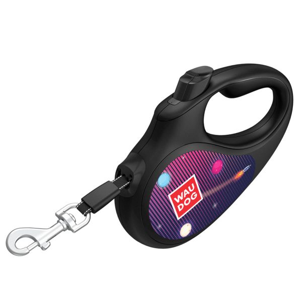 WAUDOG Украина Поводок-рулетка для собак R-leash, рисунок "Ракетостроение", светоотражающая лента, черный