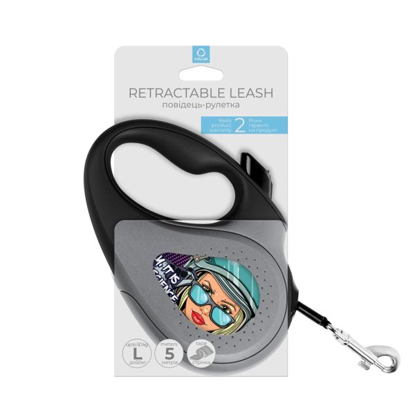WAUDOG Украина Поводок-рулетка для собак R-leash, рисунок "Ракетостроение", светоотражающая лента, черный