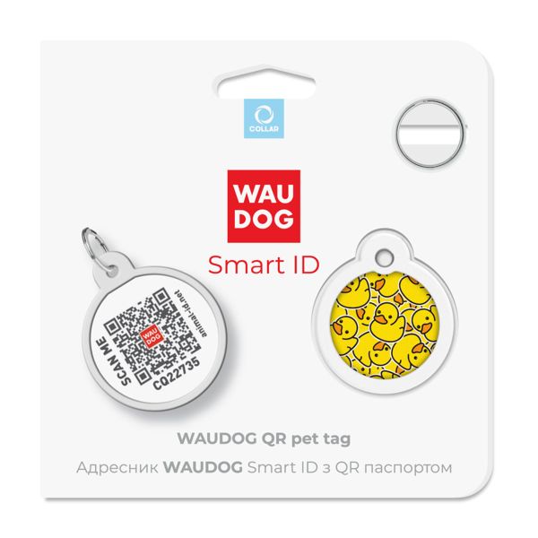 WAUDOG Украина Адресник для собак и кошек металлический Smart ID с QR паспортом, рисунок "Утки", круг