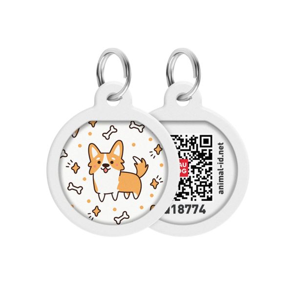 WAUDOG Україна Адресник для собак та котів металічний Smart ID з QR паспортом, малюнок "Коргі", круг
