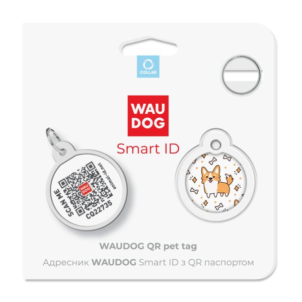 WAUDOG Украина Адресник для собак и кошек металлический Smart ID с QR паспортом, рисунок "Корги", круг