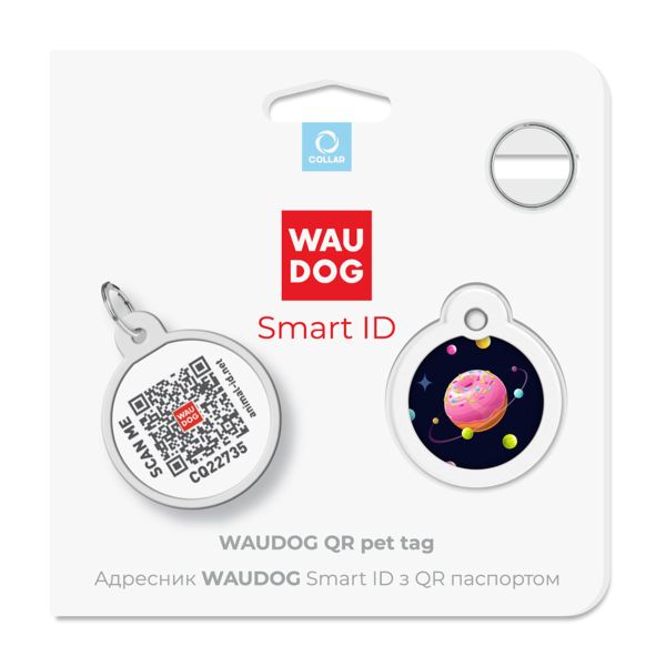 WAUDOG Украина Адресник для собак и кошек металлический Smart ID с QR паспортом, рисунок "Вселенная пончиков", круг