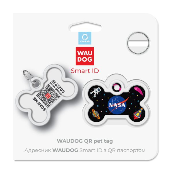 WAUDOG Украина Адресник для собак и кошек металлический Smart ID с QR паспортом, рисунок "NASA", кость