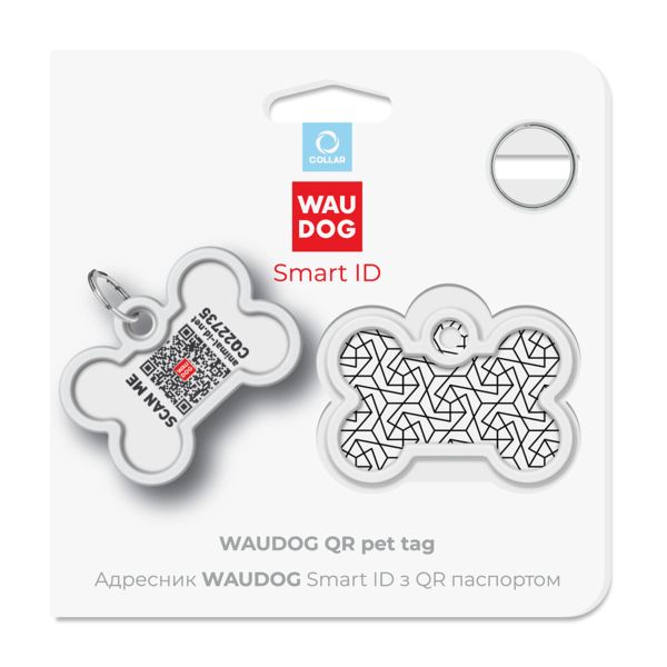 WAUDOG Украина Адресник для собак и кошек металлический Smart ID с QR паспортом, рисунок "Геометрия", кость