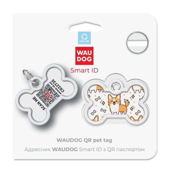 WAUDOG Украина Адресник для собак и кошек металлический Smart ID с QR паспортом, рисунок "Корги", кость