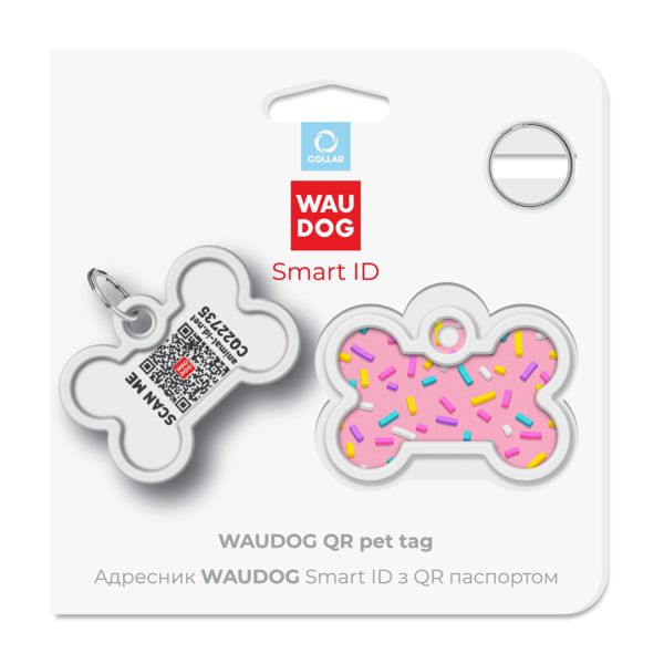 WAUDOG Украина Адресник для собак и кошек металлический Smart ID с QR паспортом, рисунок "Маршмеллоу", кость