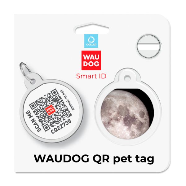 WAUDOG Украина Адресник для собак и кошек металлический Smart ID с QR паспортом, рисунок "Луна", круг