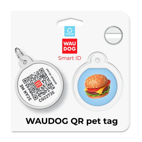 WAUDOG Украина Адресник для собак и кошек металлический WAUDOG Smart ID с QR паспортом, рисунок "Гамбургер", круг