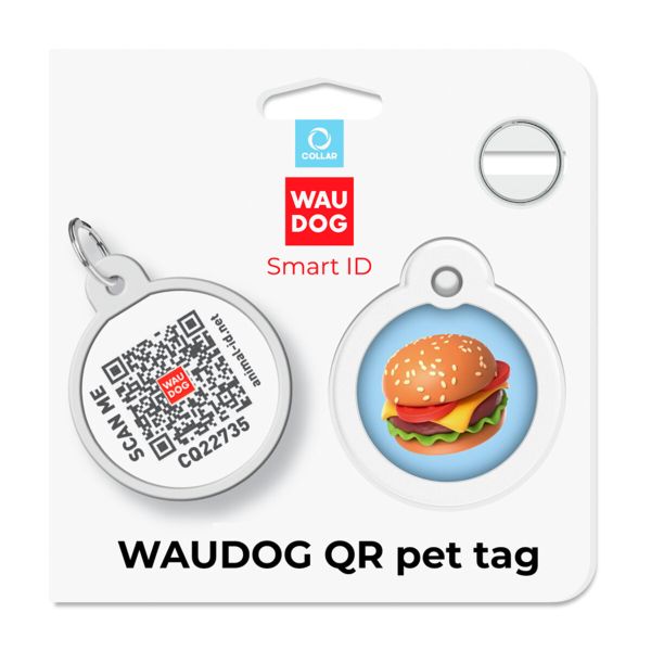 WAUDOG Украина Адресник для собак и кошек металлический Smart ID с QR паспортом, рисунок "Гамбургер", круг