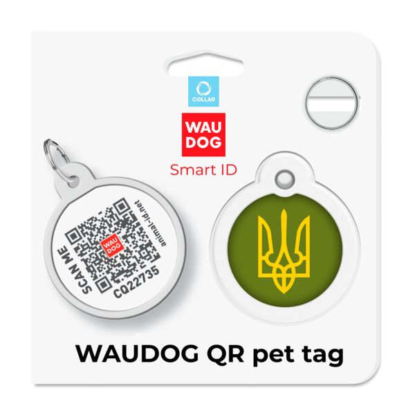 WAUDOG Украина Адресник для собак и кошек металлический Smart ID с QR паспортом, рисунок "Тризуб олива", круг