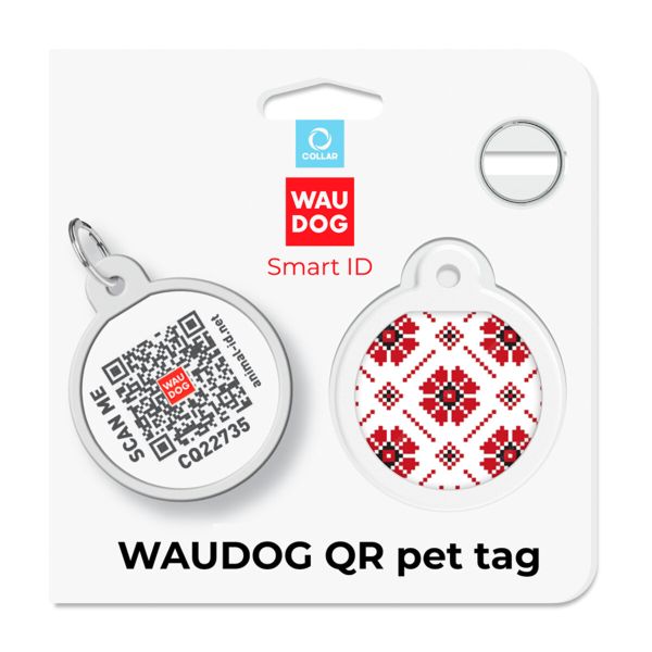 WAUDOG Украина Адресник для собак и кошек металлический WAUDOG Smart ID с QR паспортом, рисунок "Вышиванка", круг