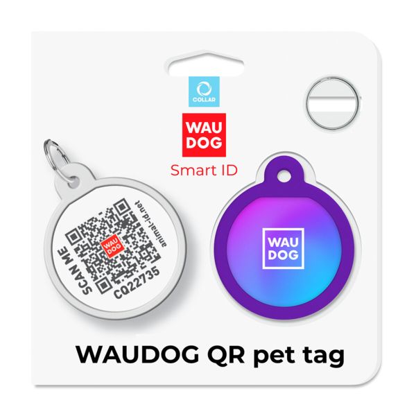 WAUDOG Украина Адресник для собак и кошек металлический Smart ID с QR паспортом, рисунок "Градиент фиолетовый", круг